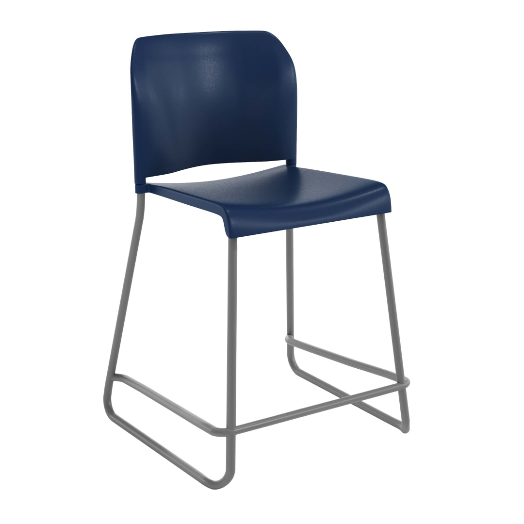 HERCULES Kenai Navy Office Reception Stacking Counter Stool with Contoured Backrest and Gray Sled Base