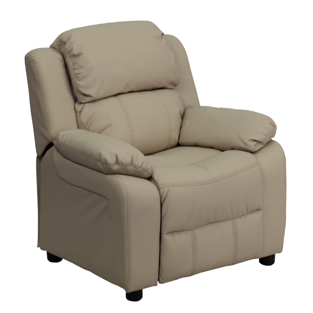 Charlie Deluxe Padded Contemporary Beige Vinyl Kids Recliner with Storage Arms