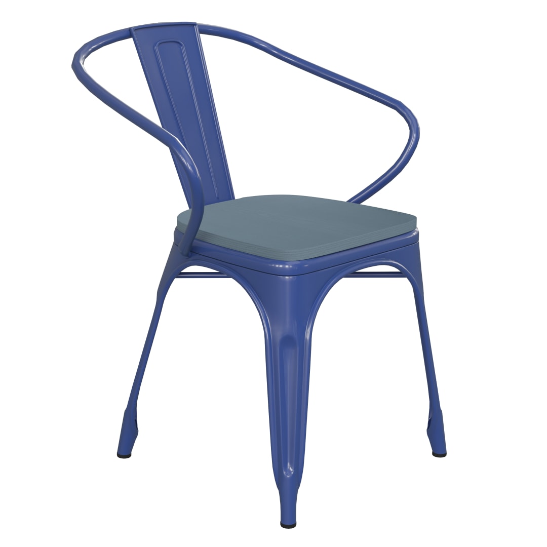 Luna Commercial Grade Blue Metal Indoor-Outdoor Chair with Arms with Teal-Blue Poly Resin Wood Seat