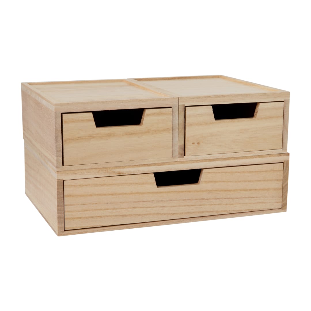 Weston Stackable Light Natural Paulownia Wood Boxes with Drawers, Office Desktop Organizers, Set of 3