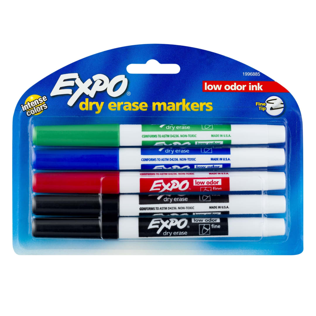 EXPO® Low Odor Dry Erase Markers, Fine Tip, Assorted Colors, 5 Count