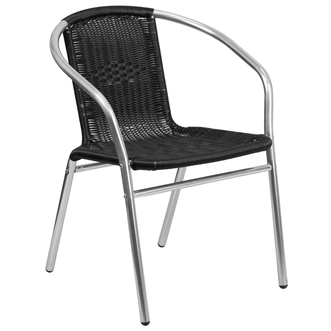 Lila Commercial Aluminum and Black Rattan Indoor-Outdoor Restaurant Stack Chair