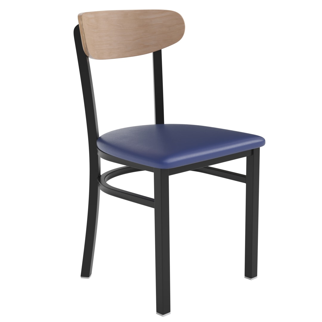 Wright Commercial Dining Chair with 500 LB. Capacity Black Steel Frame, Natural Birch Finish Wooden Boomerang Back, and Blue Vinyl Seat