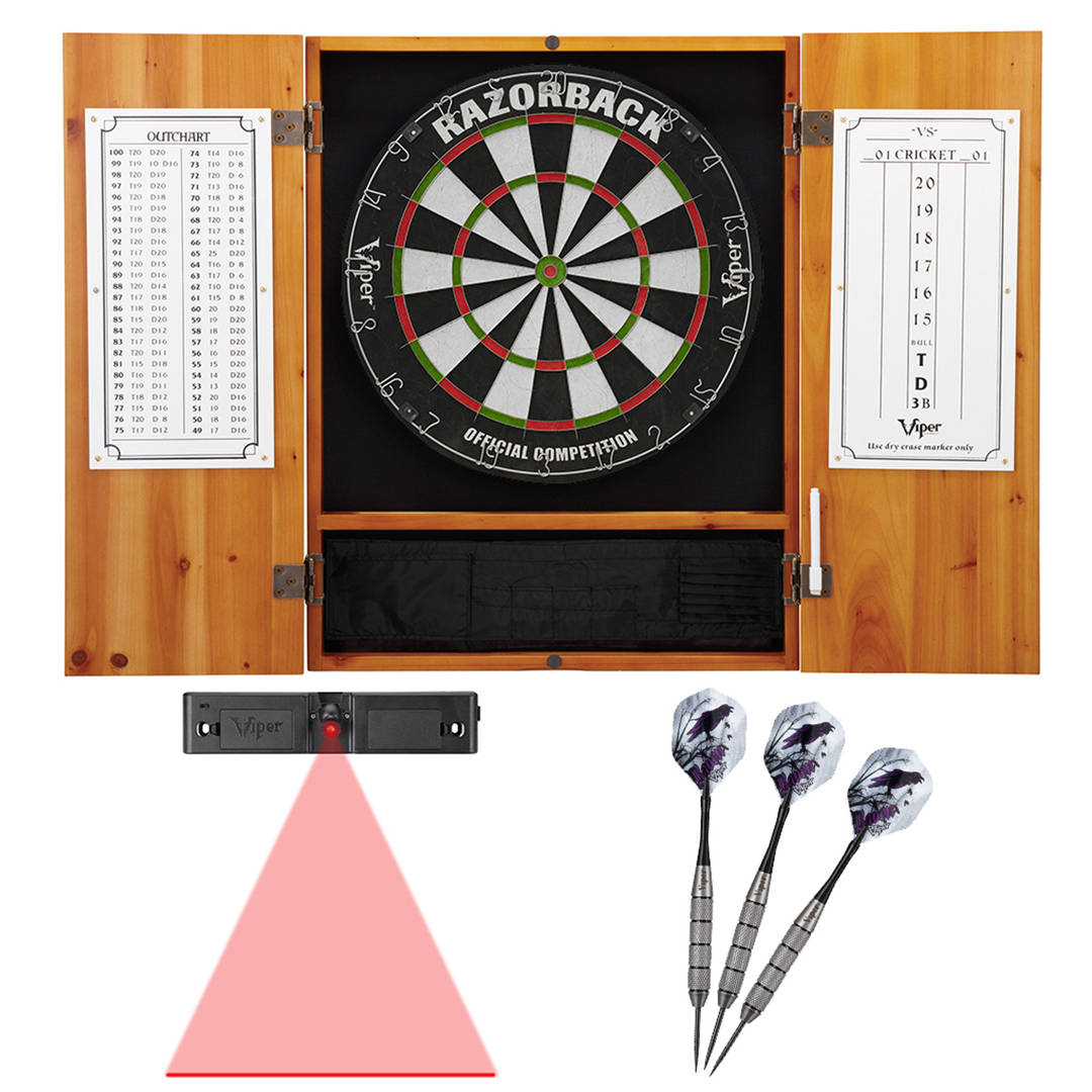 Viper Metropolitan Oak Steel Tip Dartboard Cabinet, Viper Razorback Sisal Dartboard, Viper Underground Raven Steel Tip Darts 25 Grams, and Throw Line Light