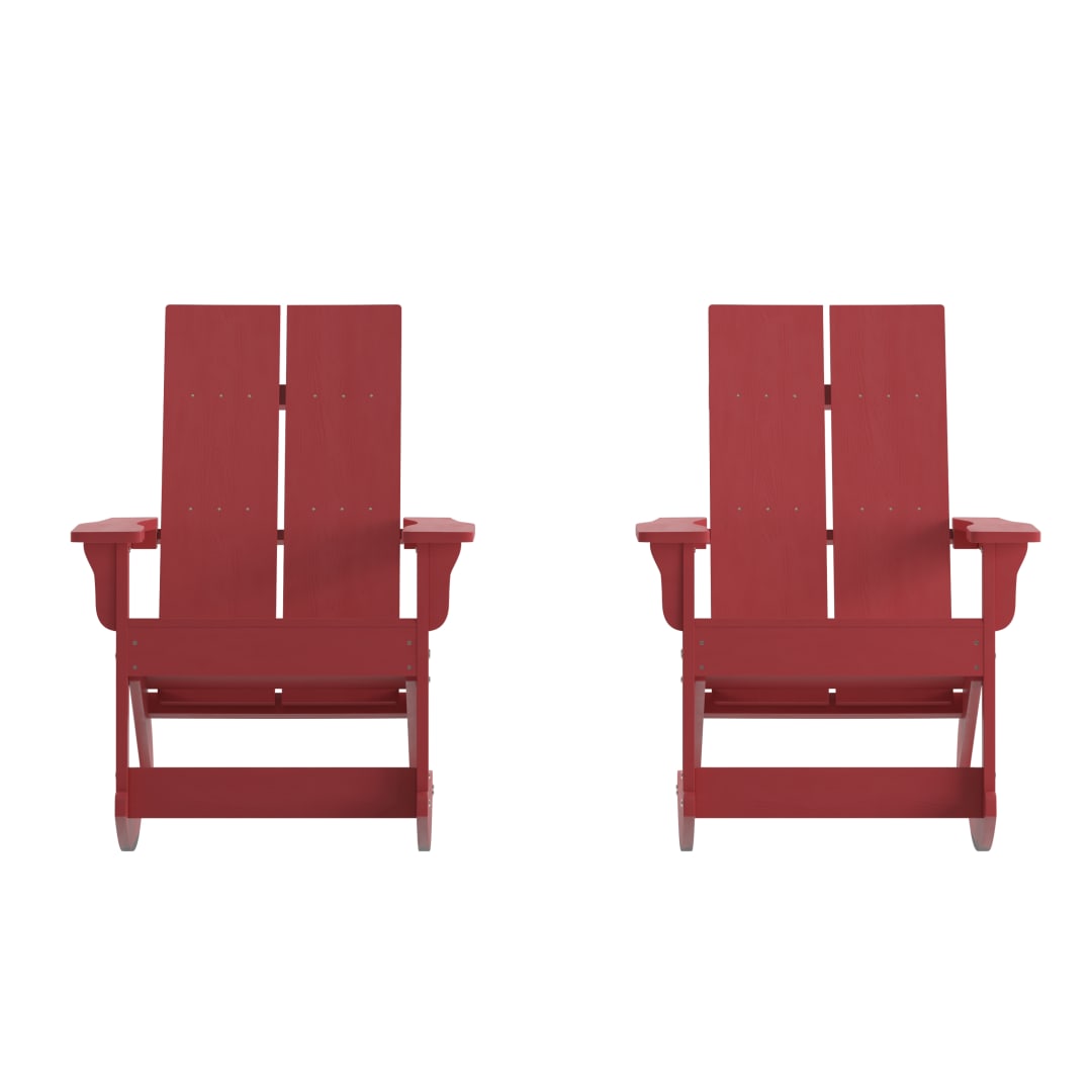 Finn Modern Commercial Poly Resin Wood Adirondack Rocking Chair - All Weather Red Polystyrene - Dual Slat Back - Stainless Steel Hardware - Set of 2