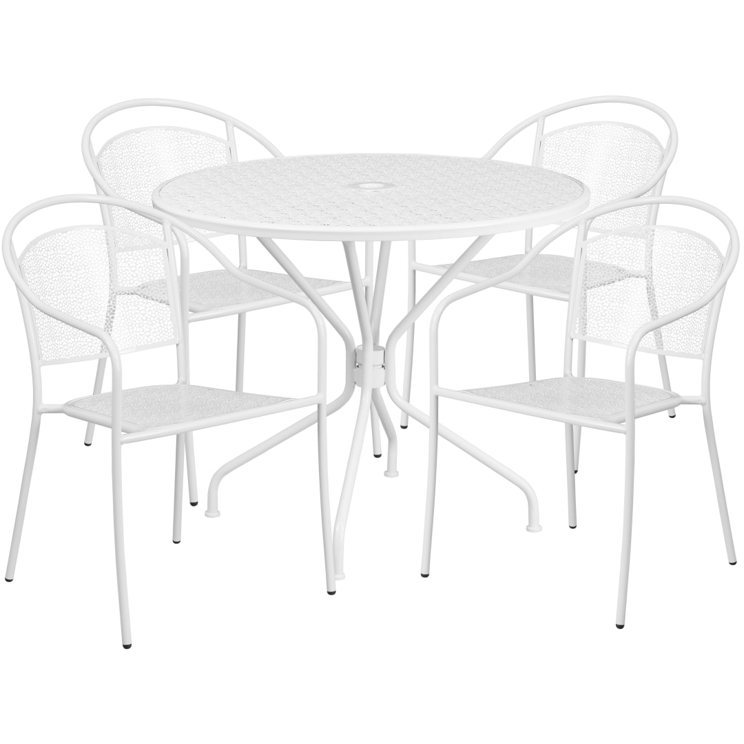 Oia Commercial Grade 35.25" Round White Indoor-Outdoor Steel Patio Table Set with 4 Round Back Chairs
