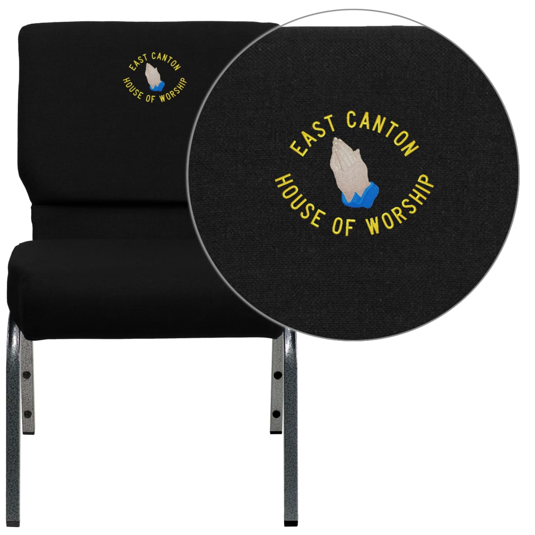 Embroidered HERCULES Series 21''W Stacking Church Chair in Black Fabric - Silver Vein Frame
