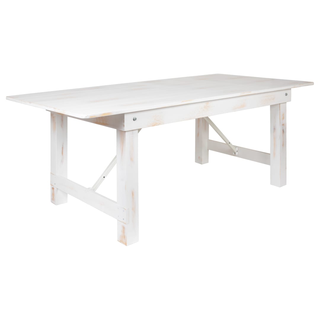 HERCULES Series 7' x 40" Rectangular Antique Rustic White Solid Pine Folding Farm Table