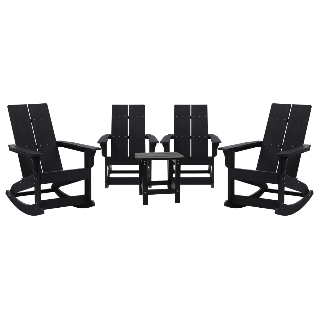 Set of 4 Black Finn Modern Commercial Grade All-Weather 2-Slat Poly Resin Rocking Adirondack Chairs with Matching Side Table