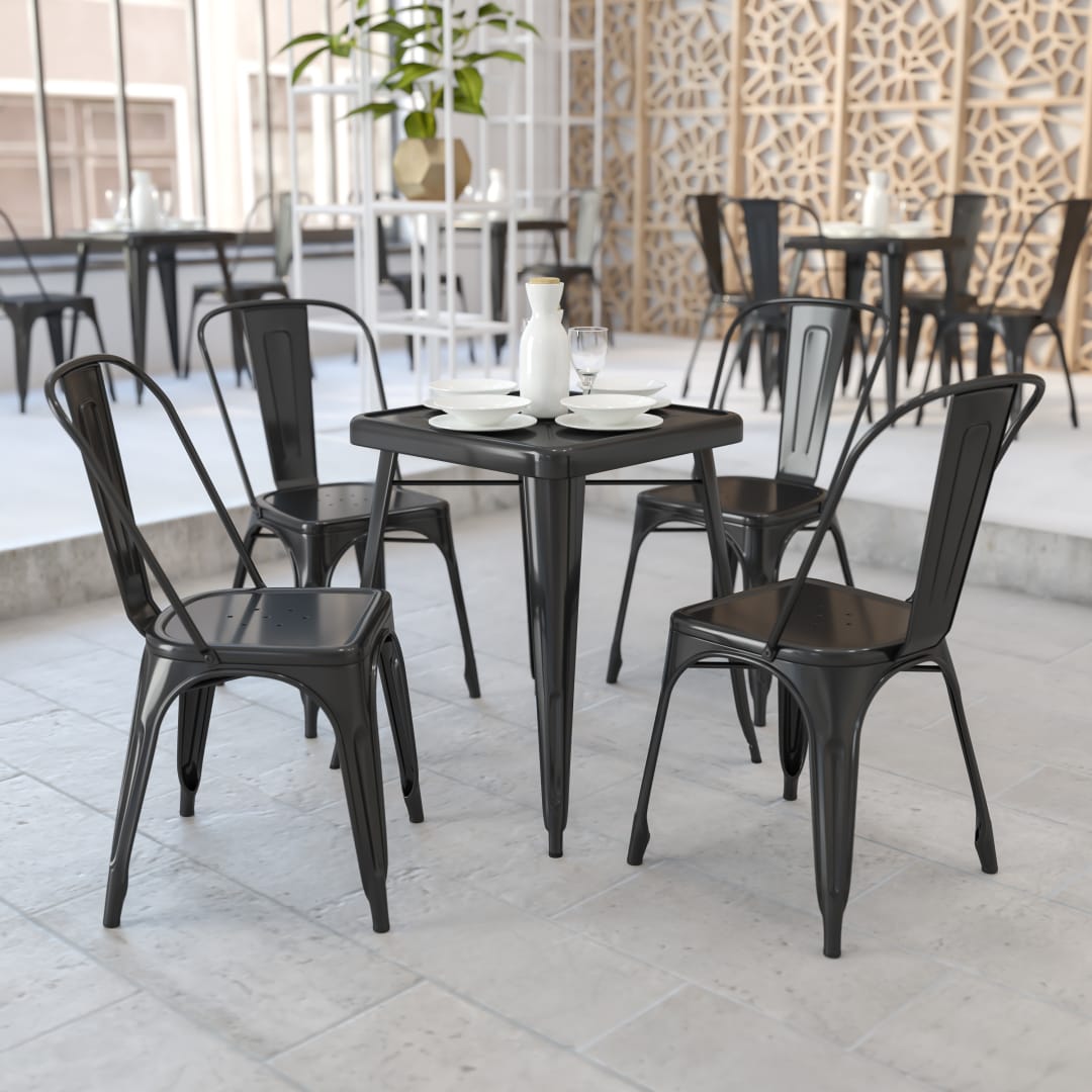 Owen Commercial Grade 23.75" Square Black Metal Indoor-Outdoor Table Set with 2 Stack Chairs