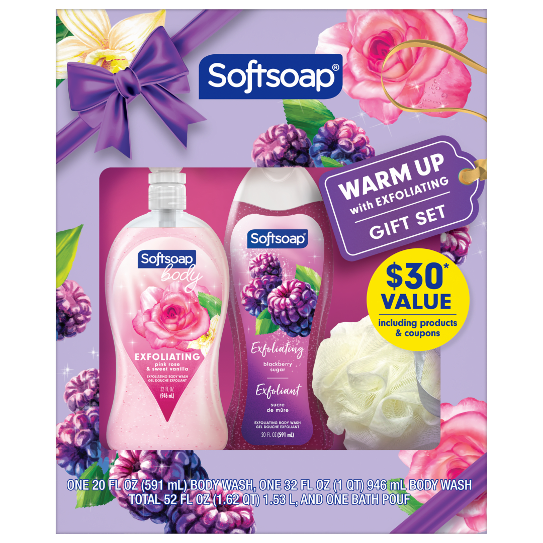 Softsoap Exfoliating Body Wash Gift Set — Includes 32 fl oz Pink Rose & Sweet Vanilla Pump Bottle and 20 fl oz Blackberry Sugar Bottle + Pouf