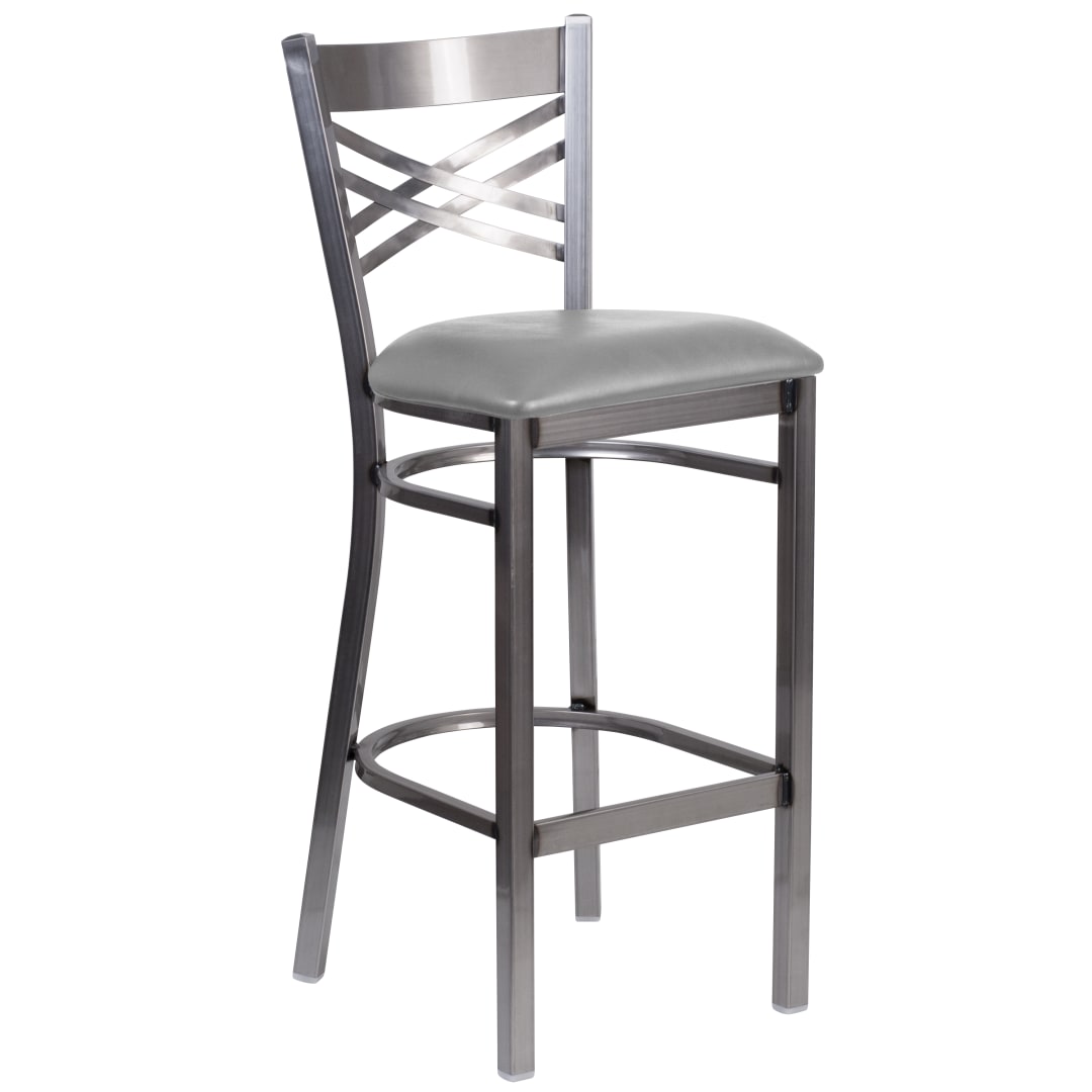 HERCULES Series Silver Antique Finish with Clear Coat ''X'' Back Metal Restaurant Barstool - Custom Upholstered Seat