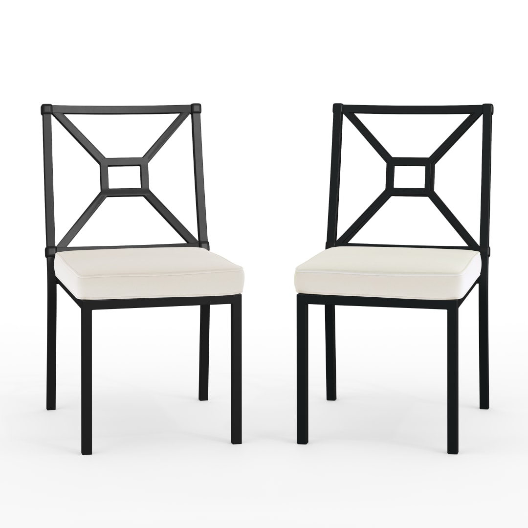 Lily Pond Set of 2 Indoor-Outdoor Stackable Patio Side Dining Chairs with Steel Frames in Black with Cream All-Weather Cushions