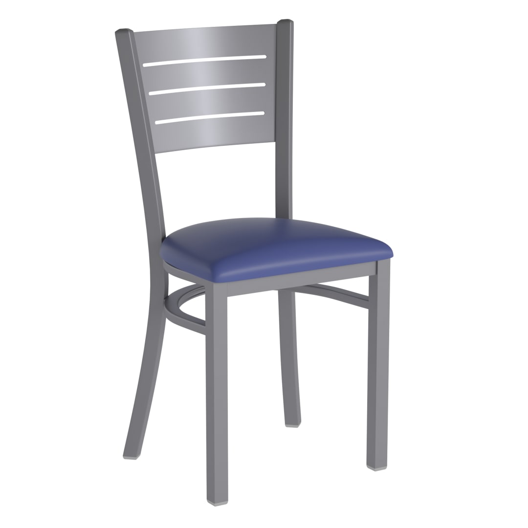 HERCULES Silver Slat Back Metal Restaurant Chair - Blue Vinyl Seat
