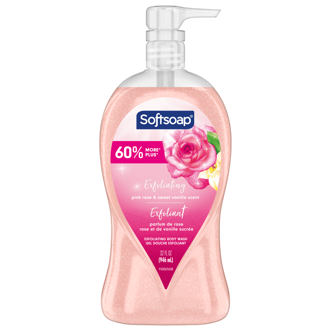 Softsoap Exfoliating Body Wash Scrub Pink Rose and Sweet Vanilla Scent, 32 oz Pump Bottle, 3 Pack