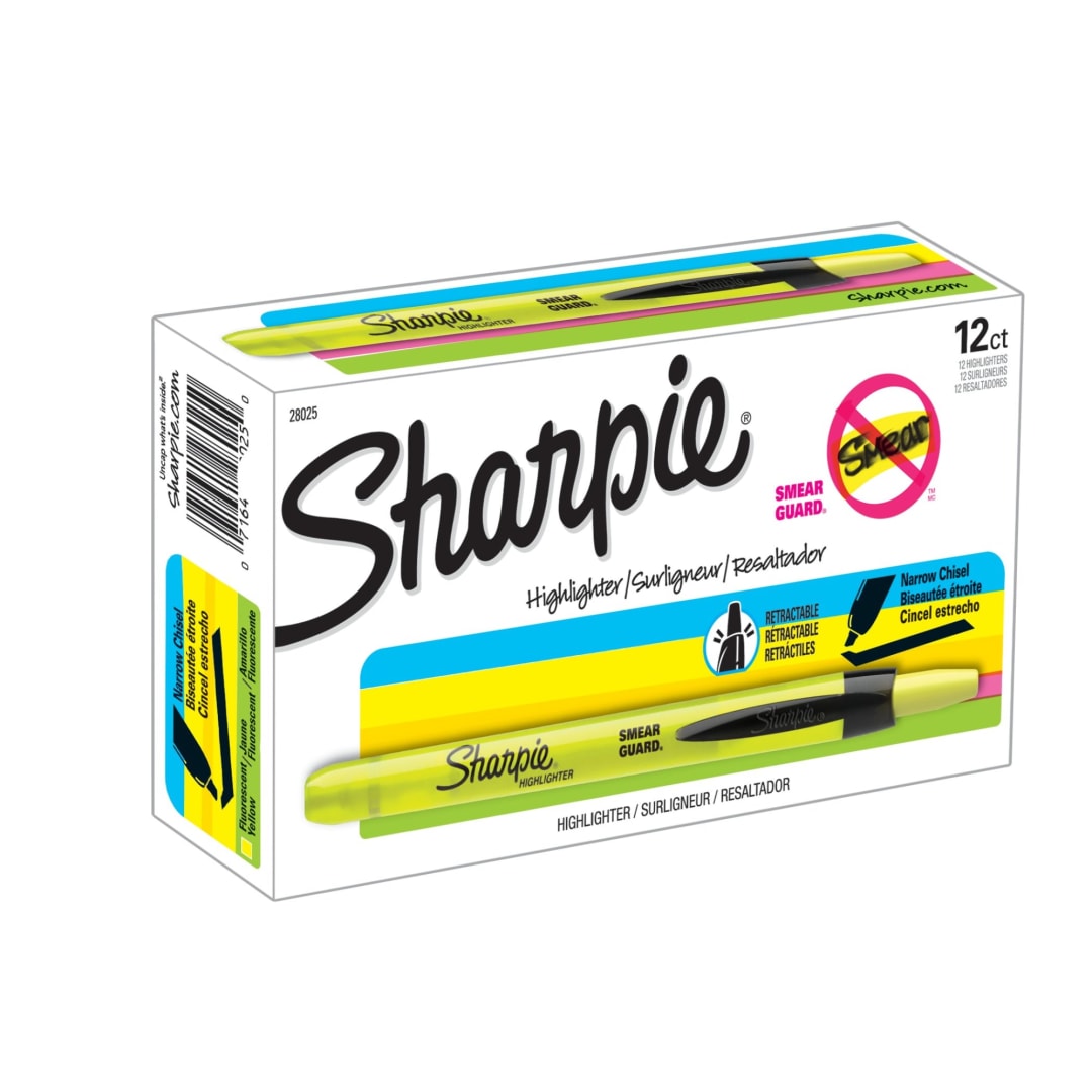 Sharpie® Retractable Highlighters, Chisel Tip, Fluorescent Yellow, 12 Count