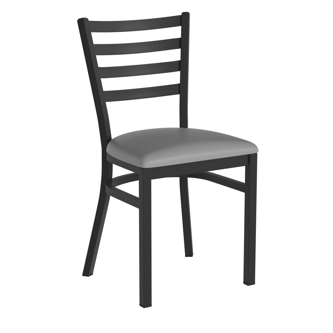HERCULES Black Ladder Back Metal Restaurant Chair - Gray Vinyl Seat