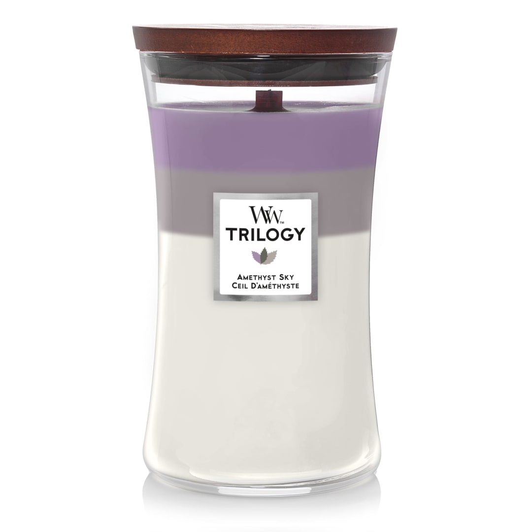 WoodWick® Large Hourglass Trilogy Scented Candle with Crackling Wick | Amethyst Sky | Up to 130 Hours Burn Time