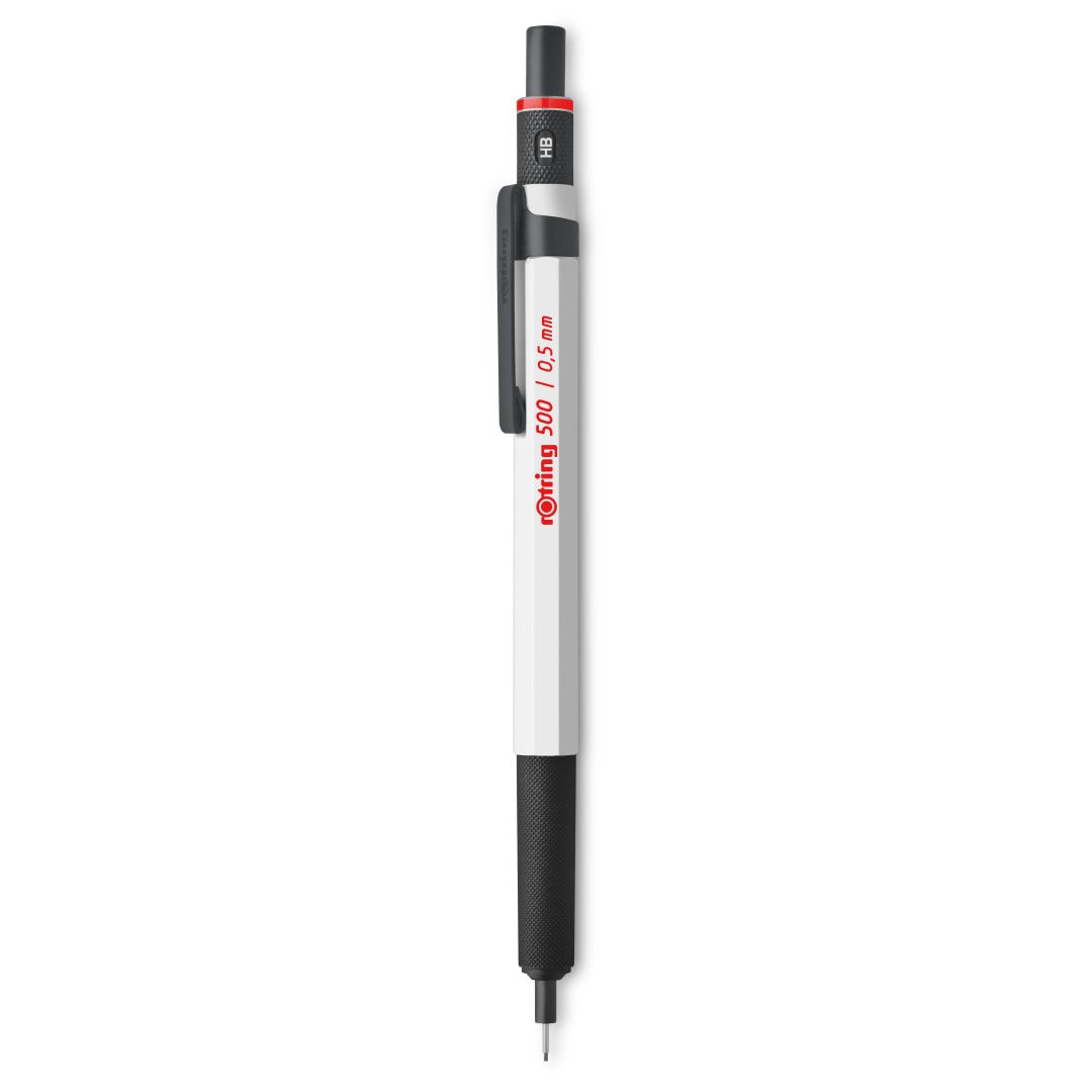 rOtring 500 Portaminas | Mina HB de 0,5 mm | Cuerpo hexagonal de plástico blanco con empuñadura metalizada antideslizante y texturizado