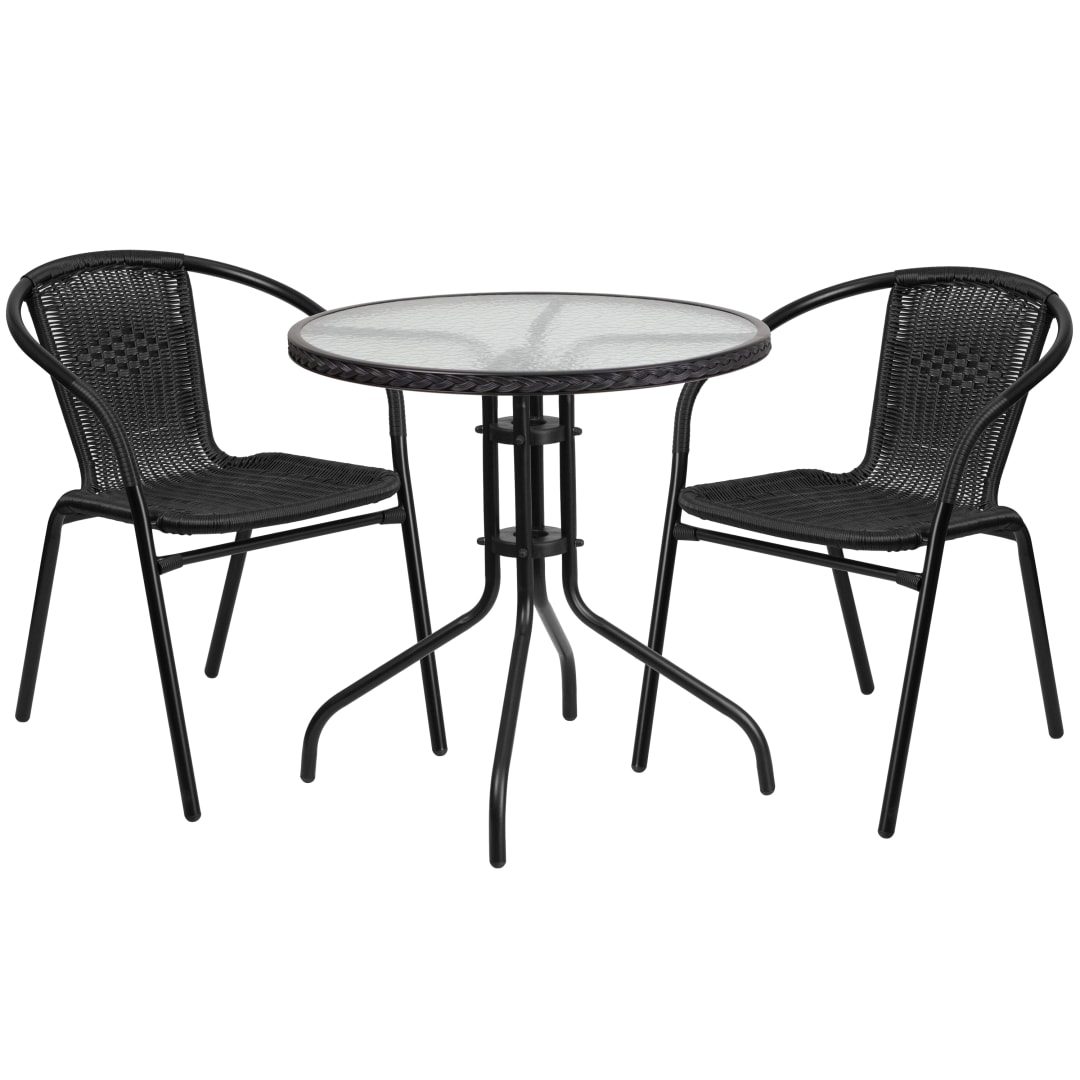 Lila 28'' Round Glass Metal Table with Black Rattan Edging and 2 Black Rattan Stack Chairs