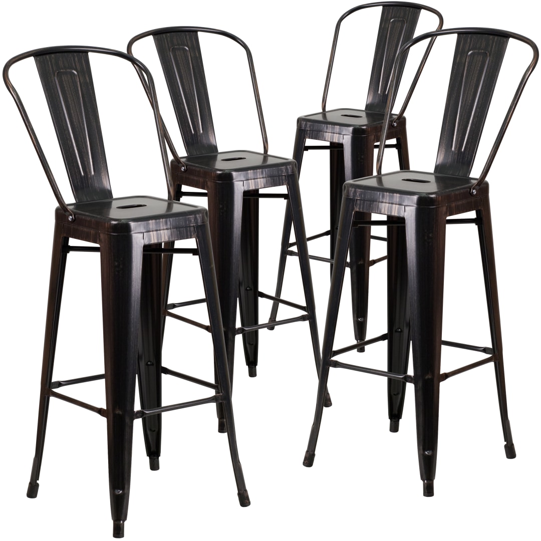 Lily Commercial Grade 4 Pack 30" High Black-Antique Gold Metal Indoor-Outdoor Barstool with Removable Back