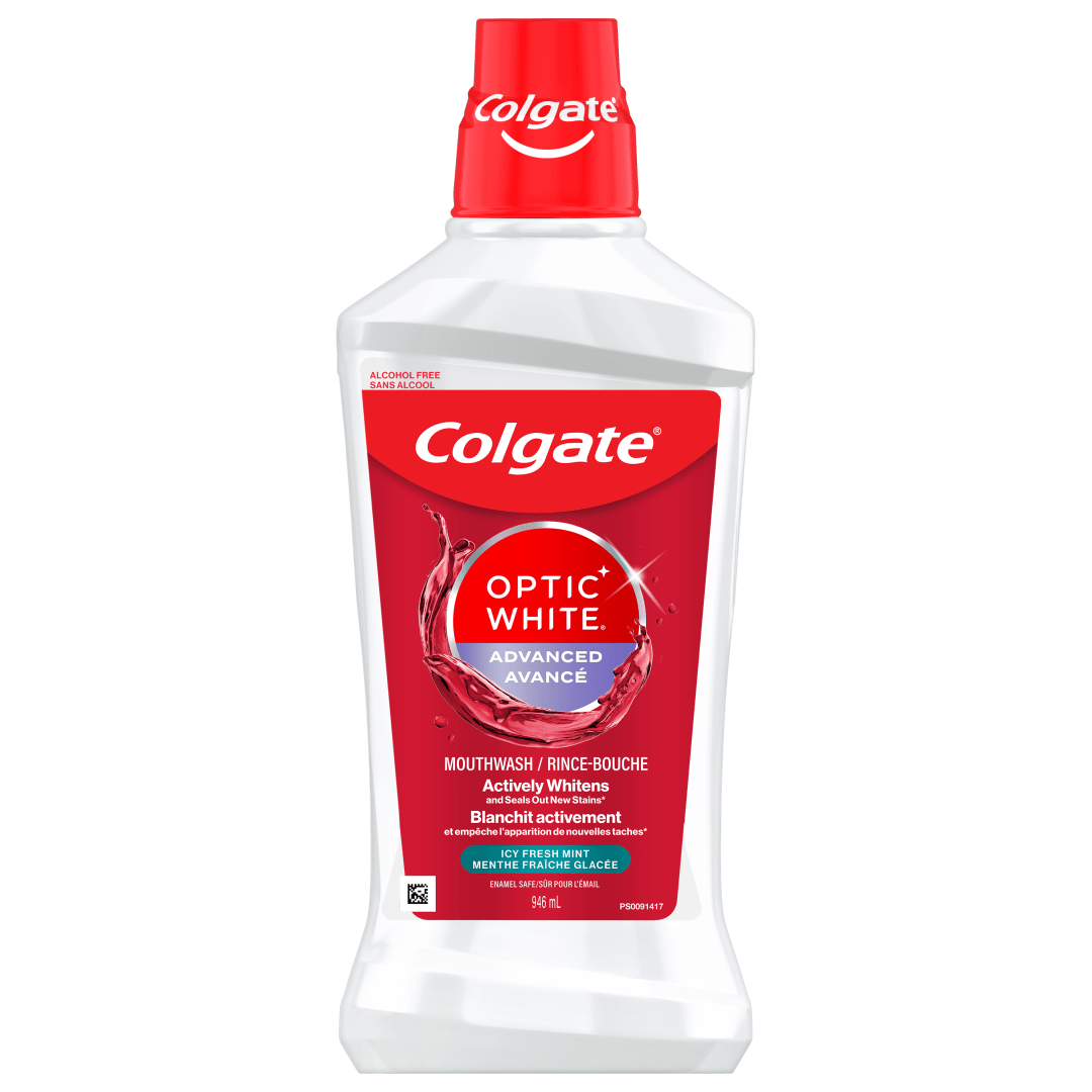Rince-bouche blanchissant Colgate Optic White Advanced à saveur de Menthe fraîche glacée à 2 % de peroxyde d’hydrogène, 946 ml