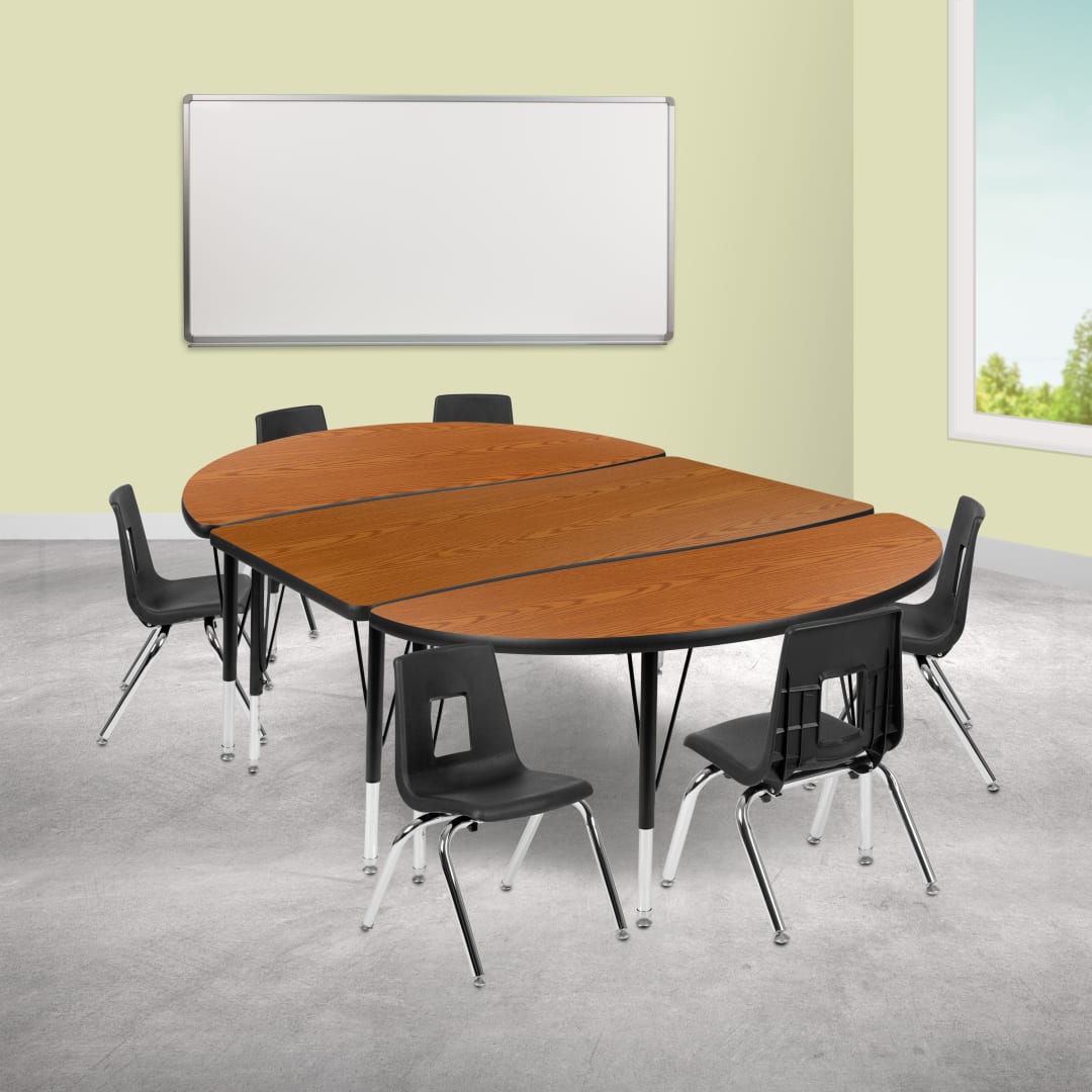 Emmy 76" Oval Wave Flexible Laminate Activity Table Set with 12" Student Stack Chairs, Oak/Black