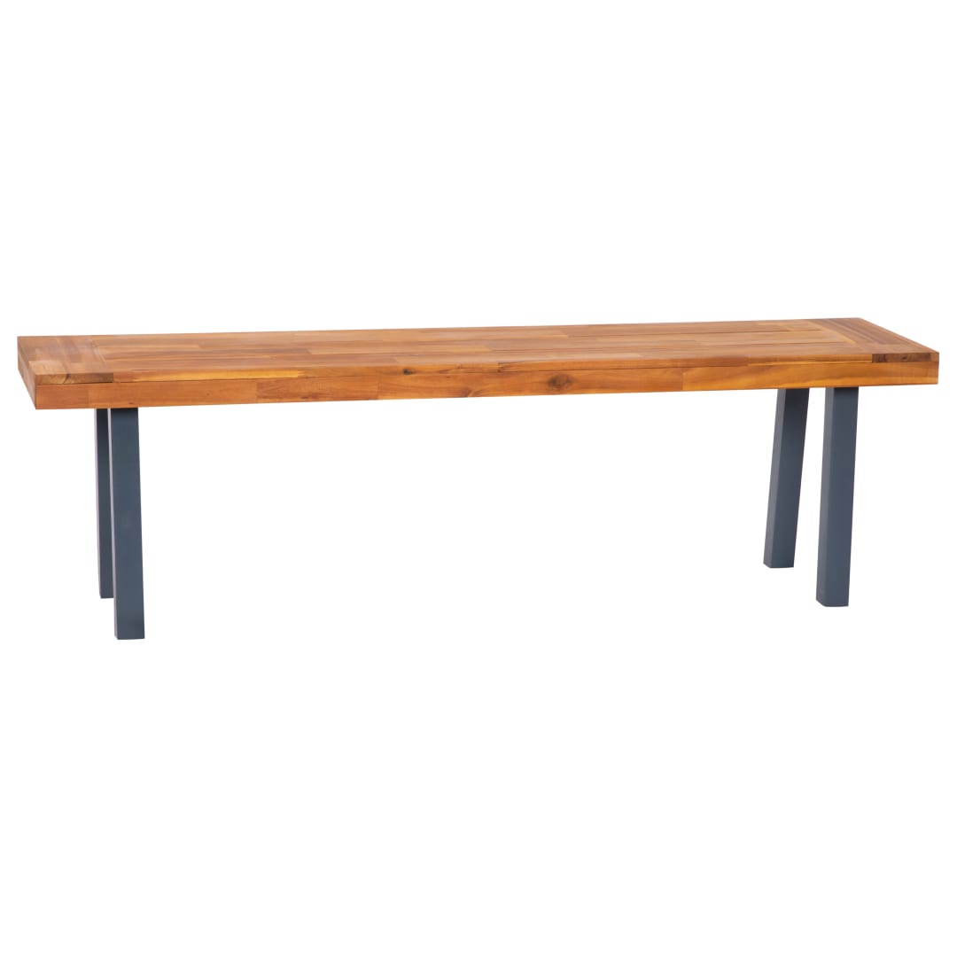 Martindale Solid Acacia Wood Patio Dining Bench for 2 with Slatted Top and Gray Flared Wooden Legs in a Natural Finish