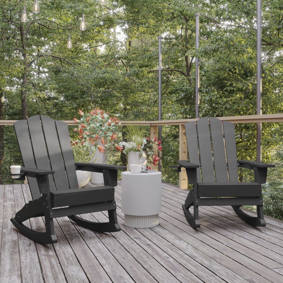Newport Adirondack Rocking Chair with Cup Holder, Weather Resistant HDPE Adirondack Rocking Chair in Gray, Set of 2