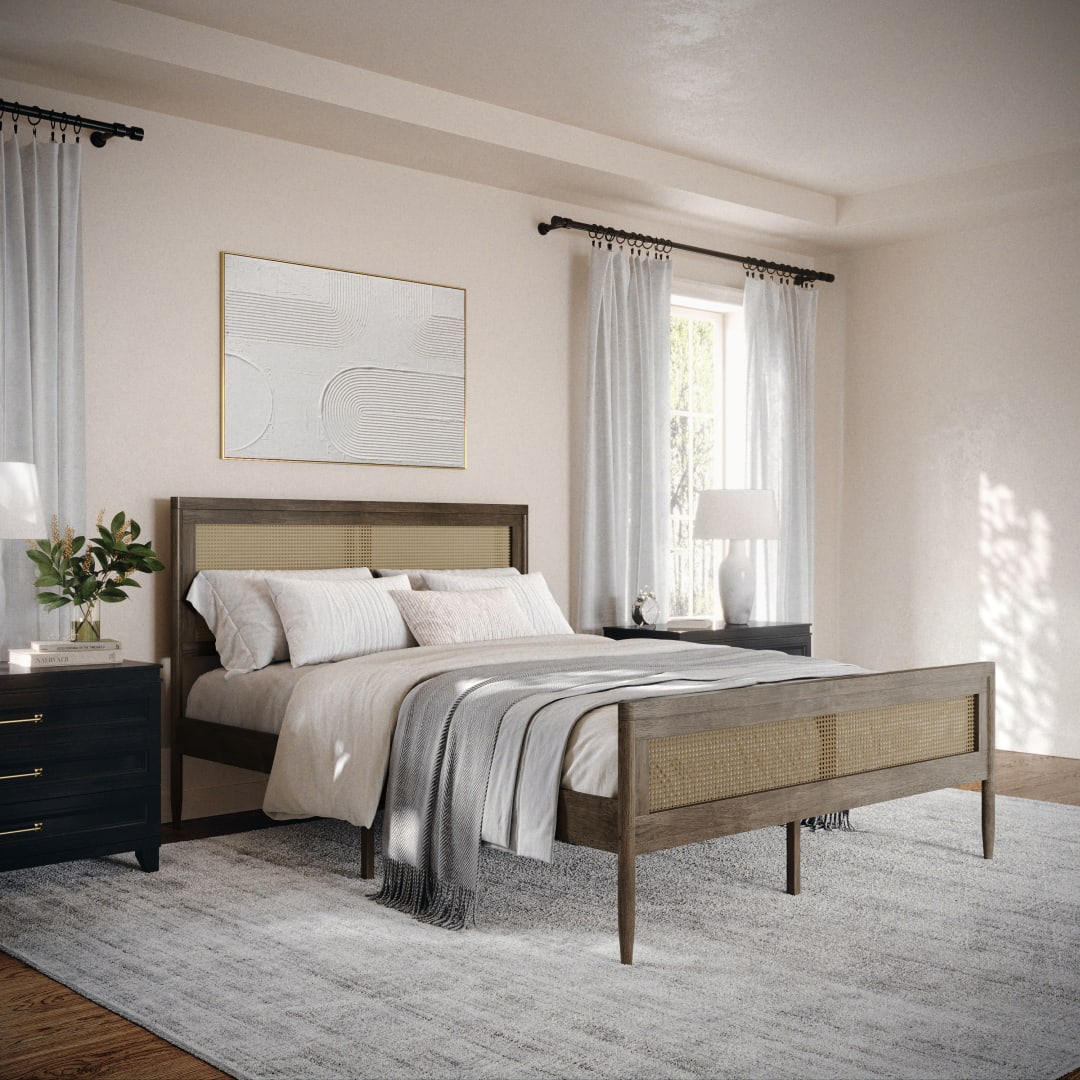 Jax Queen Size Solid Wood Platform Bed with Rattan Headboard and Footboard, No Box Spring Required, Brown Gray