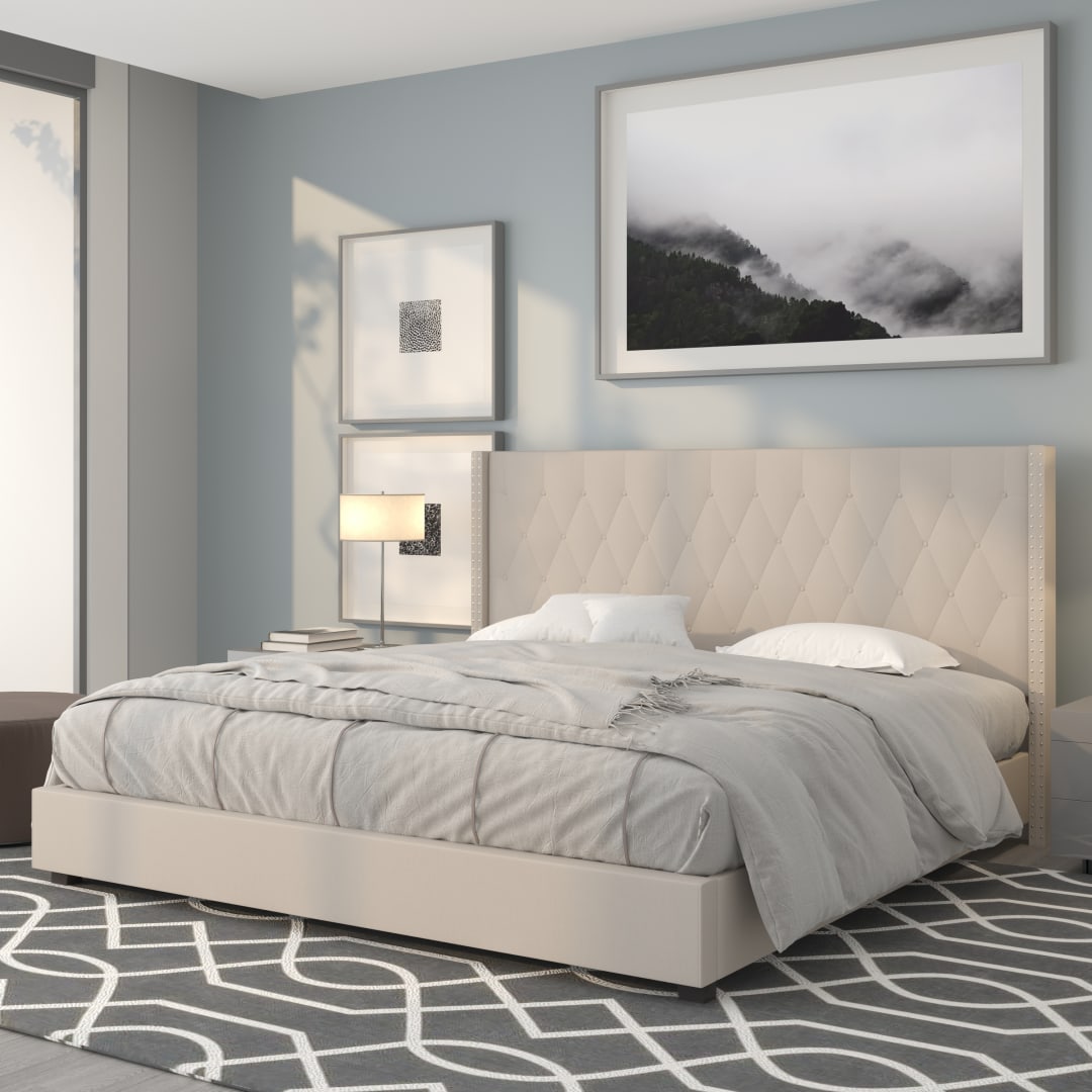 Riverdale King Size Tufted Upholstered Platform Bed in Beige Fabric