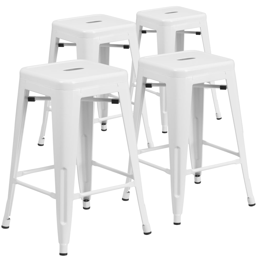 Lily 4 Pack Commercial Grade 24" High Backless White Metal Indoor-Outdoor Counter Height Stool with Square Seat