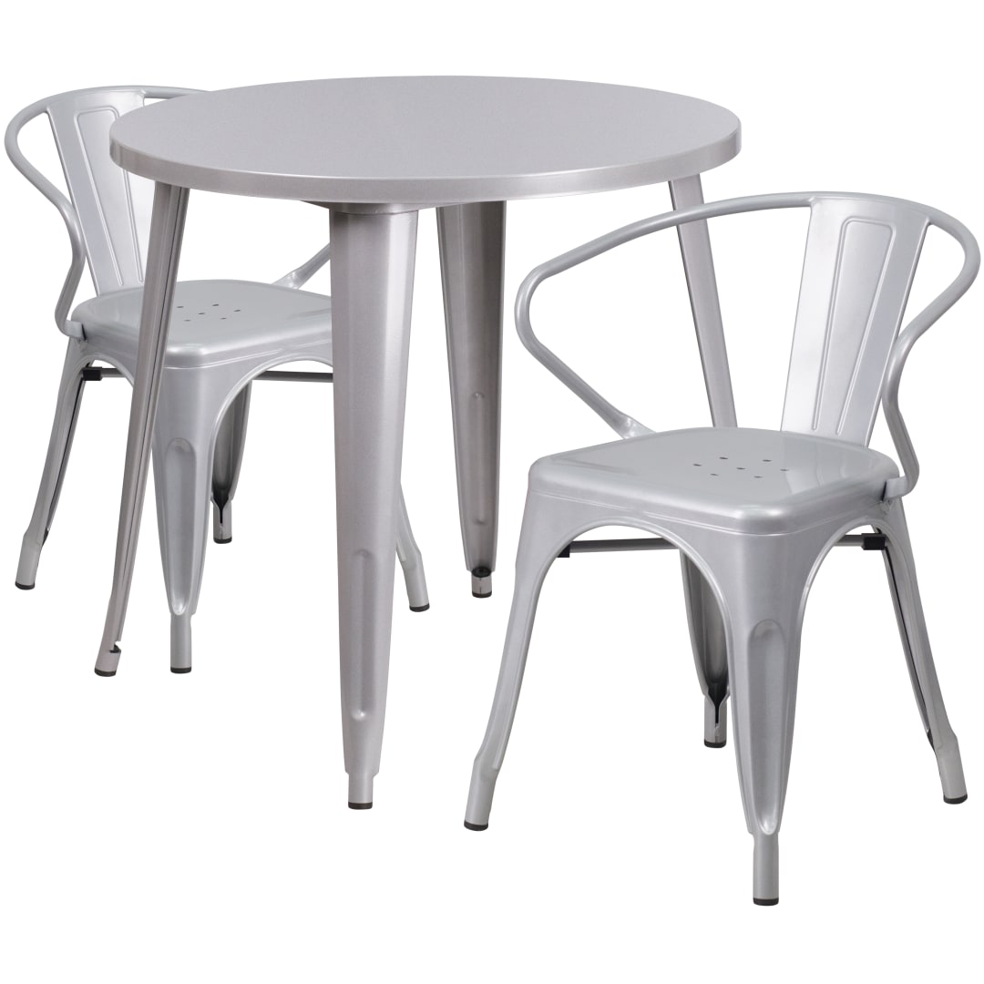 Conrad Commercial Grade 30" Round Silver Metal Indoor-Outdoor Table Set with 2 Arm Chairs