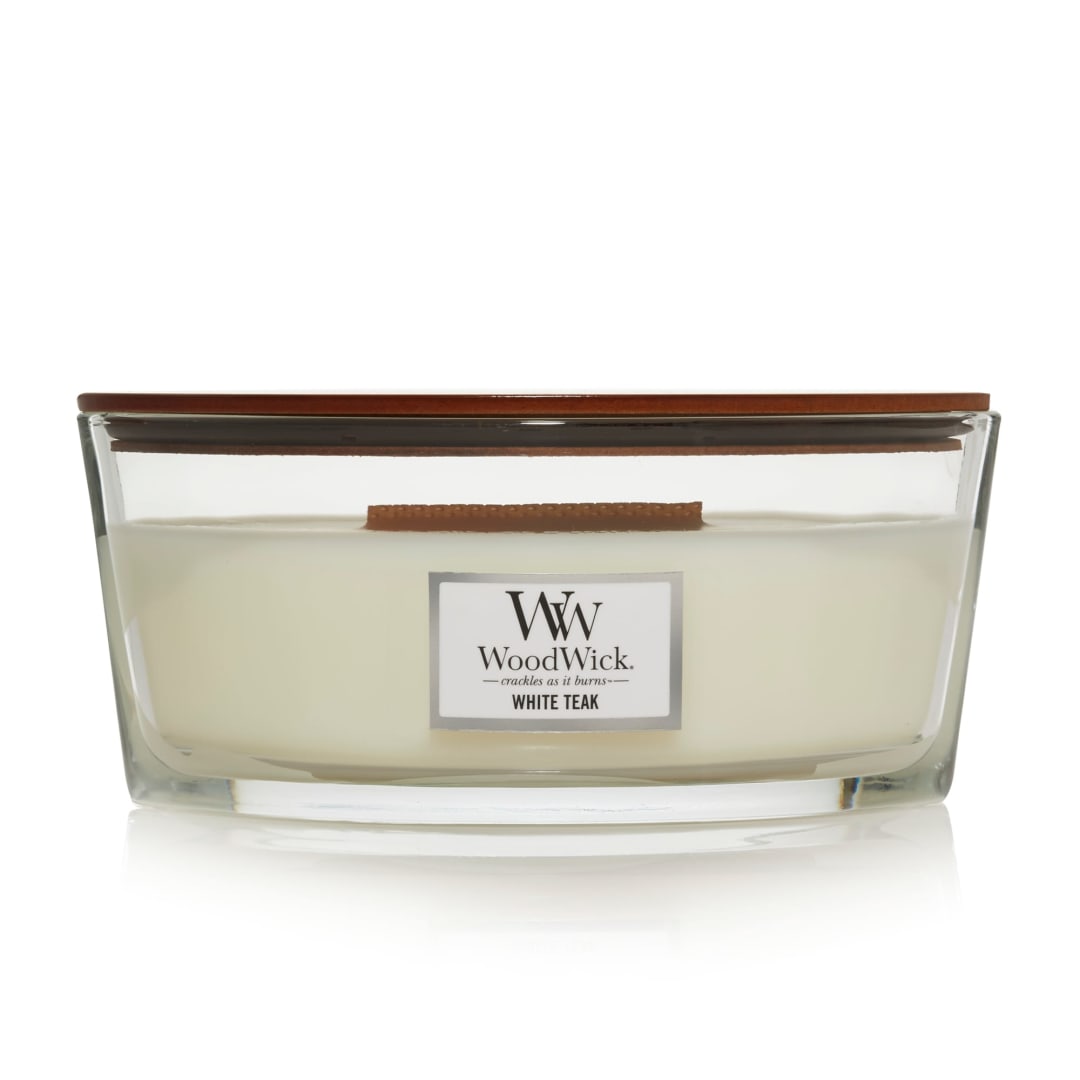 WoodWick® Ellipse Scented Candle | White Teak | with Crackling Wick | Burn Time: Up to 50 Hours