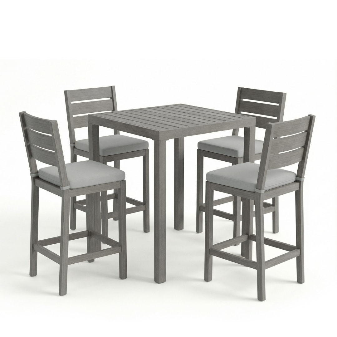 Bedford 5 Piece Aluminum Patio Set, 4 Stackable Dining Chairs with Gray Cushions, 35.5" Square Patio Table, Gray Brushed Woodgrain Finish