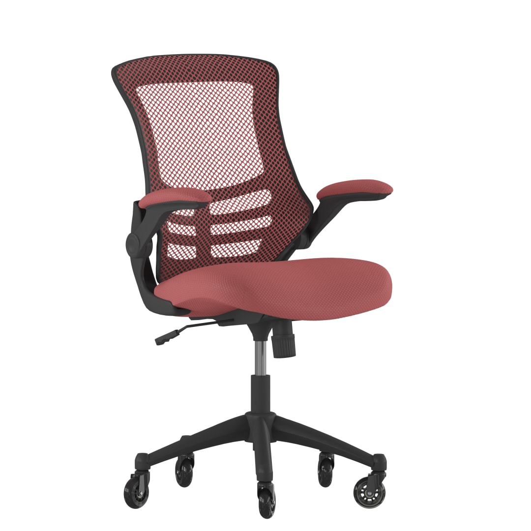 Kelista Mid-Back Red Mesh Swivel Ergonomic Task Office Chair with Flip-Up Arms and Transparent Roller Wheels