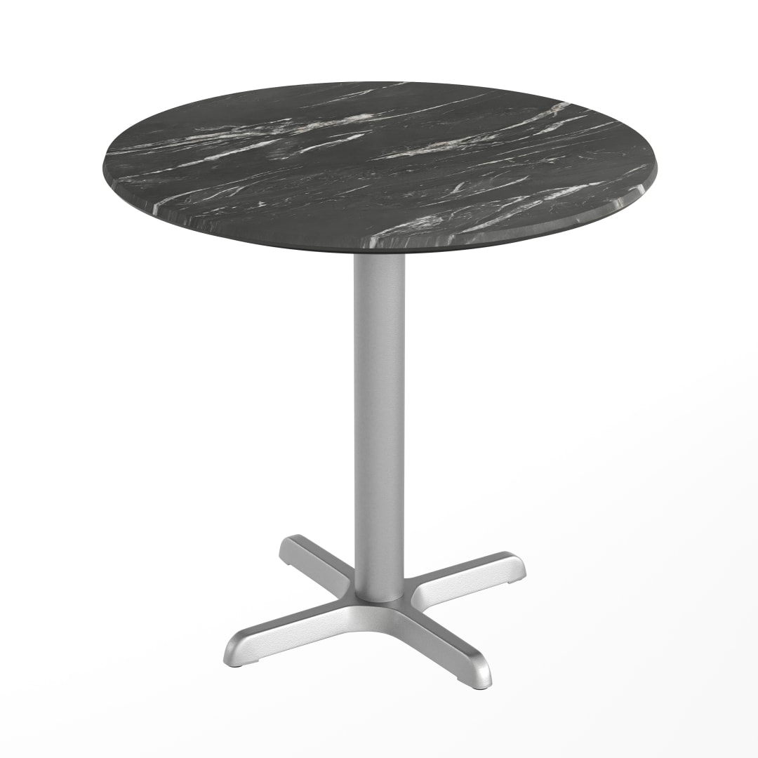TopGuard 31.25" Round Indoor Outdoor Tabletop in Black Faux Marble with Seamless Surface Technology and 22" x 22" Silver Cast Iron X Table Base