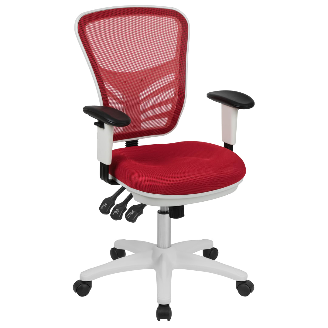 Nicholas Mid-Back Red Mesh Multifunction Executive Swivel Ergonomic Office Chair with Adjustable Arms and White Frame