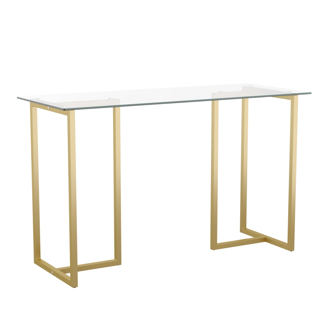 Eli Home Office Glass Top Desk with Polished Brass Metal Frame