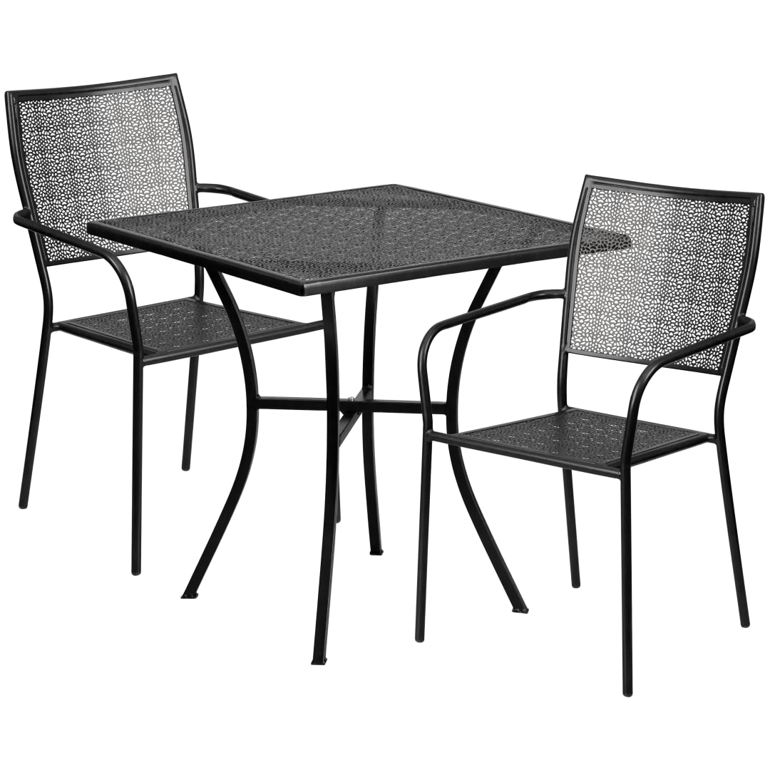 Oia Commercial Grade 28" Square Black Indoor-Outdoor Steel Patio Table Set with 2 Square Back Chairs