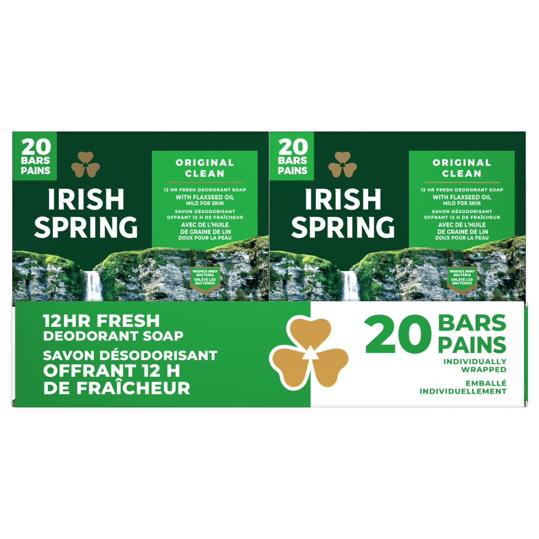 Irish Spring Original Deodorant Bar Soap for Men, With Flaxseed Oil, 12 Hour Fresh Deodorant Soap, 4 oz Bar (20 Pack)