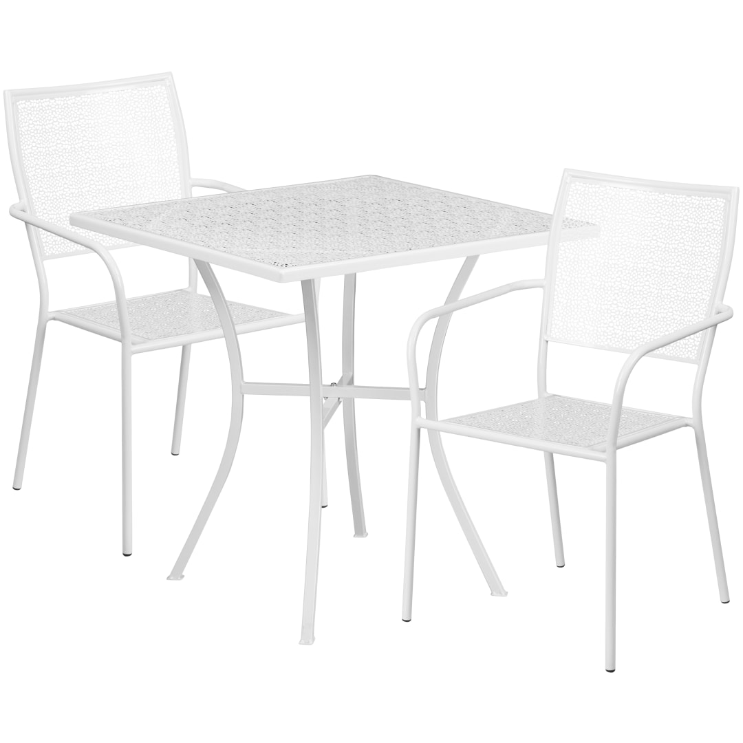 Oia Commercial Grade 28" Square White Indoor-Outdoor Steel Patio Table Set with 2 Square Back Chairs