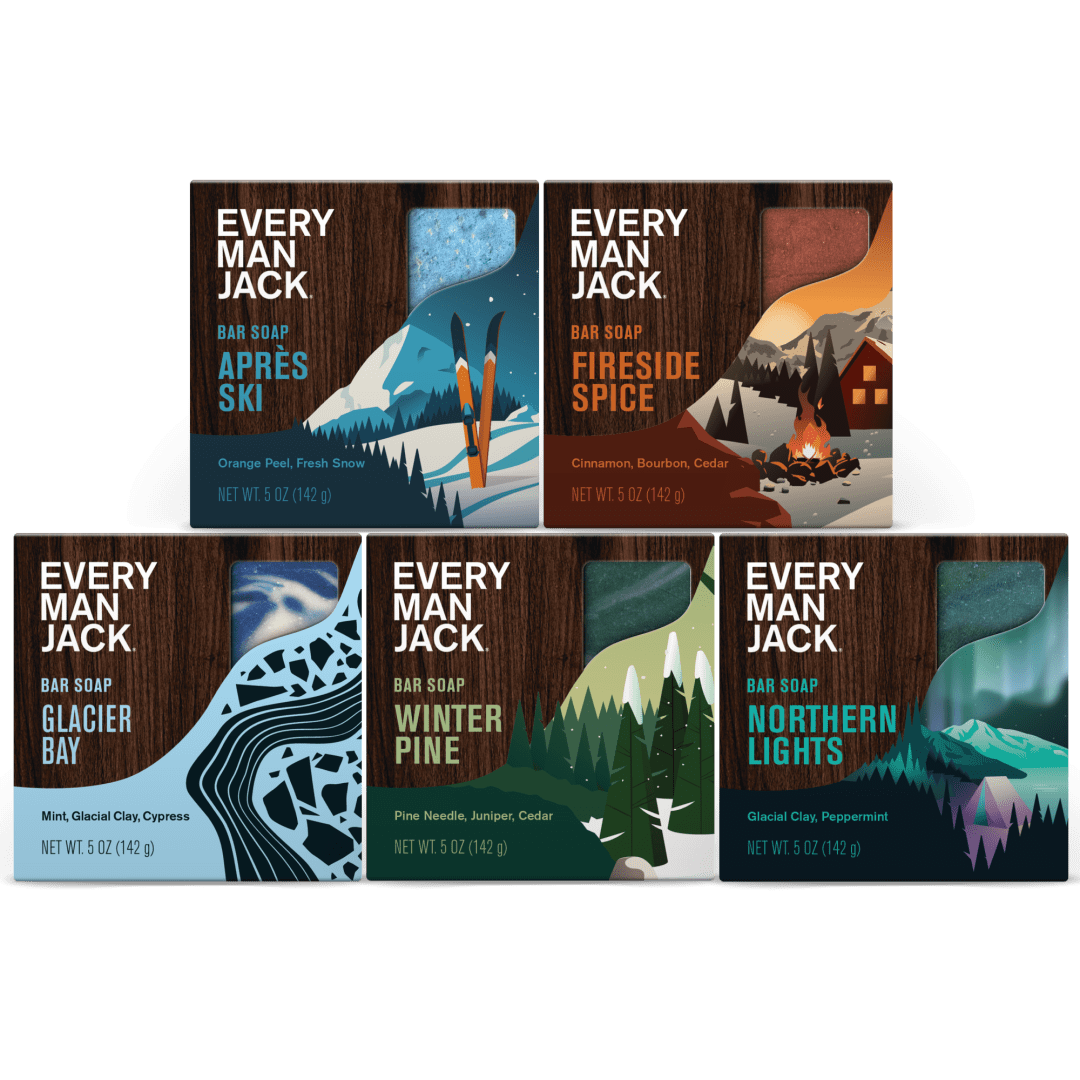 Every Man Jack Cold Processed Mens Bar Soap Holiday Gift Set - Invigorating Winter Scents - Deeply Cleans, Hydrates with Naturally Derived Ingredients - 5 Bar Variety Pack