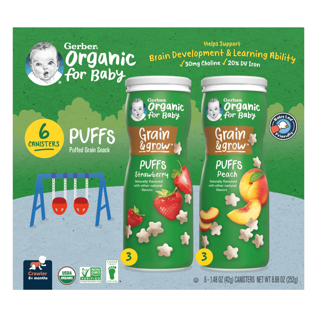 Gerber Organic for Baby, Grain & Grow Puffs, Strawberry & Peach, 1.48 Oz, 6 Pack
