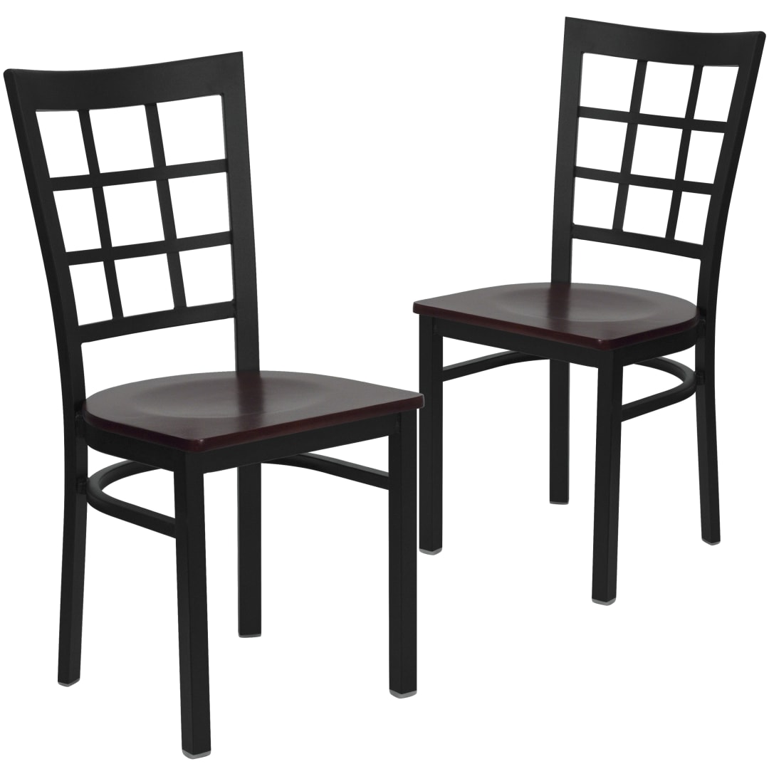 2 Pk. HERCULES Series Black Window Back Metal Restaurant Chair - Mahogany Wood Seat