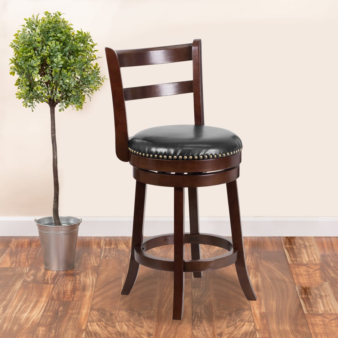 Ronnie 26'' High Cappuccino Wood Counter Height Stool with Single Slat Ladder Back and Black LeatherSoft Swivel Seat