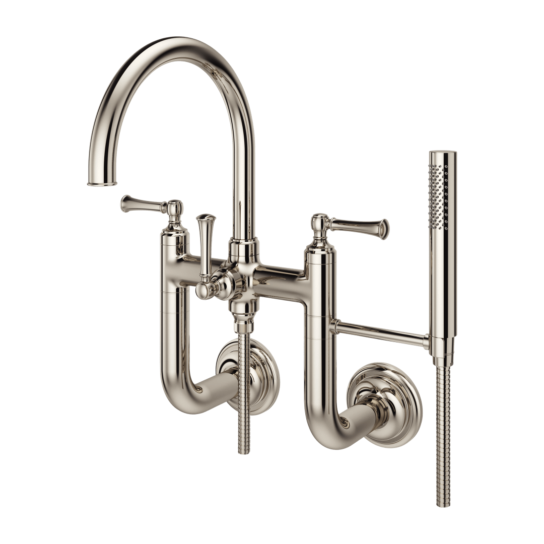 Tisbury Wall Mount 2-Handle Tub Filler with Hand Shower in Polished Nickel