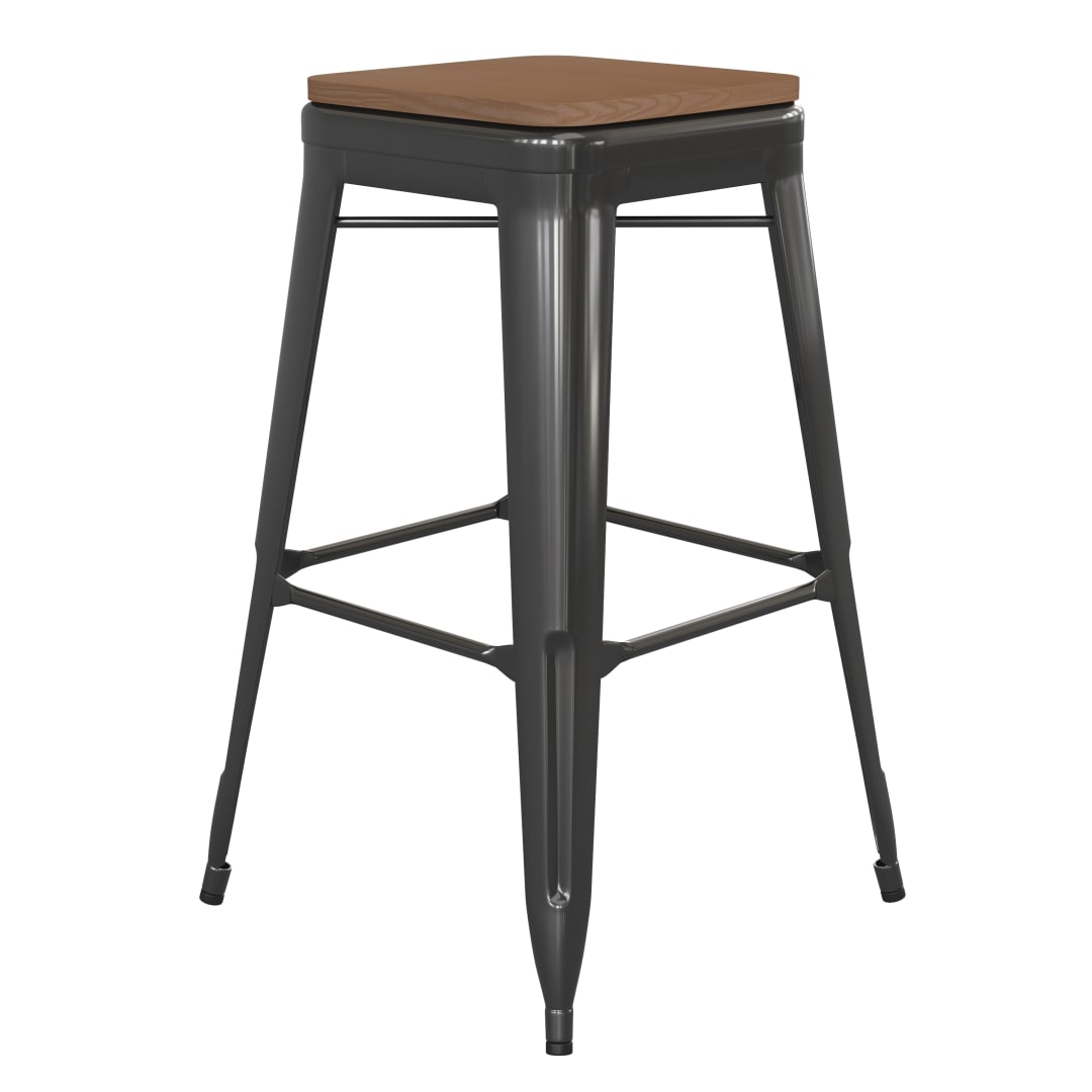 Kai Commercial Grade 30" High Backless Black Metal Indoor-Outdoor Barstool with Teak Poly Resin Wood Seat
