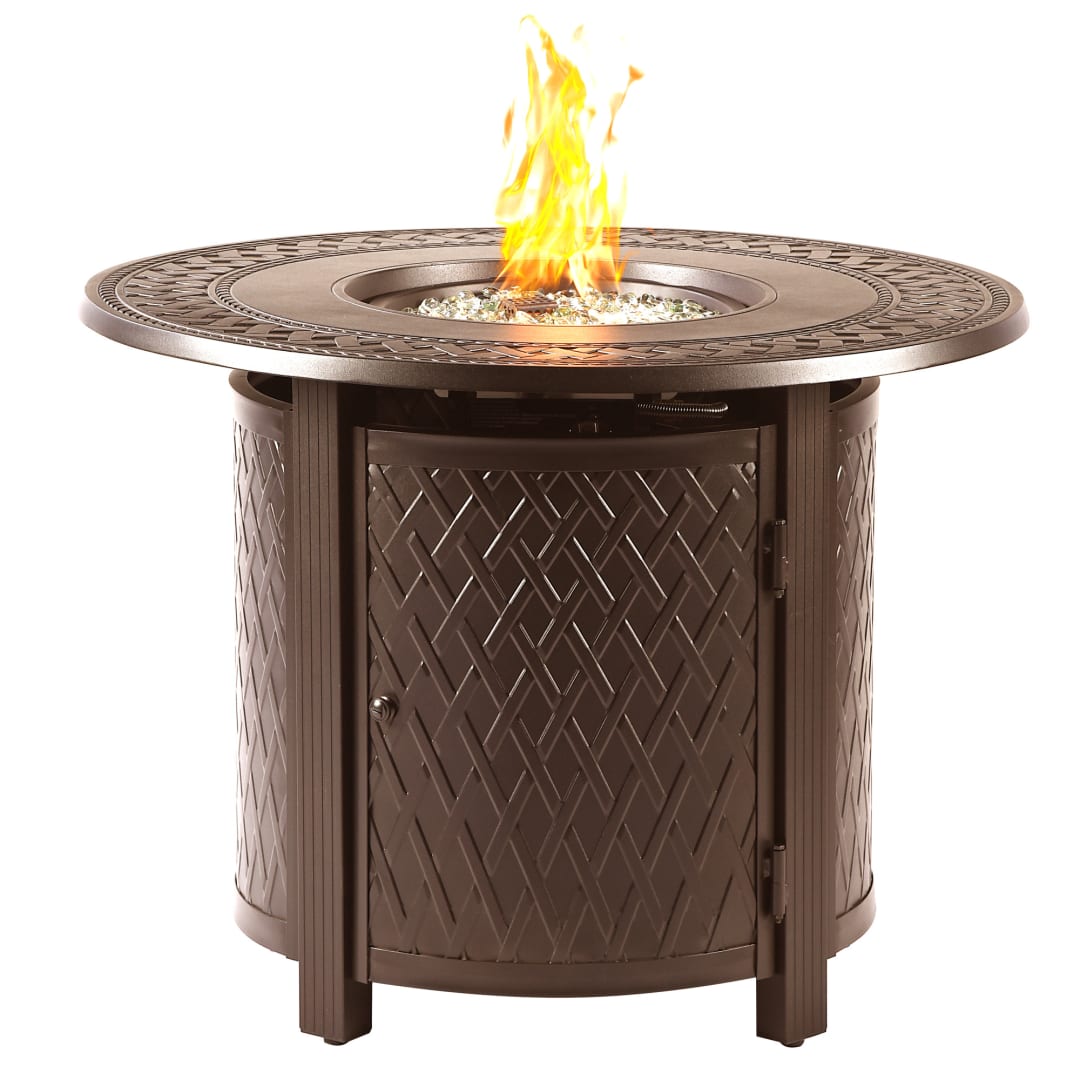 Round 34 in. x 34 in. Aluminum Propane Fire Pit Table with Glass Beads, Two Covers, Lid, 37,000 BTUs in Brown Finish