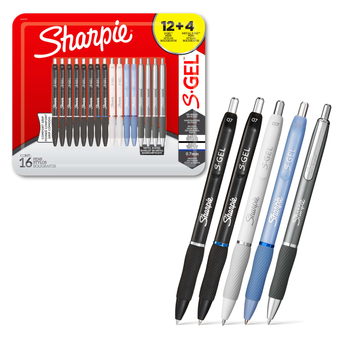 Sharpie S-Gel Gel Pens, 5 Body Styles, Black and Blue Ink, 16 Count